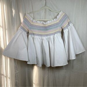 Greyson 100% Cotton Bell Sleeve Smocked Off Shoulder Blouse Size L Style 3NA54MS